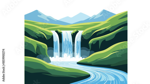 Illustration of a serene landscape featuring a waterfall flowing into a river with green hills and mountains in the background.