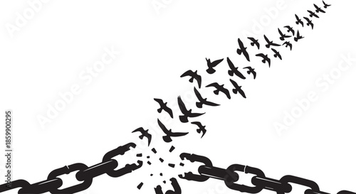Liberation Concept Broken Chain Turning into Birds Silhouette