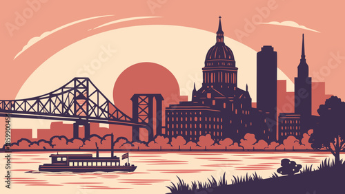 New orleans skyline with bridge, boat, and city reflection on calm waters. Suitable for travel, urban, cityscape, and architectural themes.