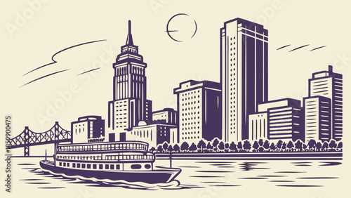 New orleans skyline with river, boat, and sights. Perfect for travel brochures, city guides, postcards, websites, editorial content.