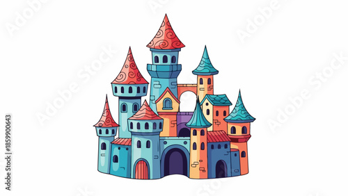 Colorful illustration of a fantasy castle with multiple towers and turrets on a white background.