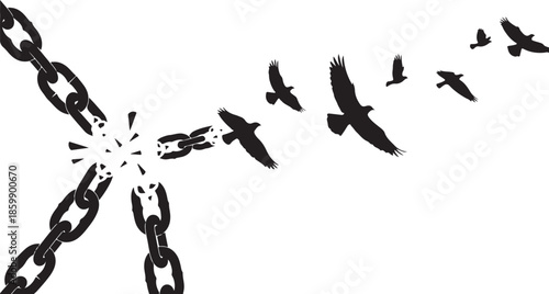 Breaking Chains into Flying Birds Freedom Silhouette