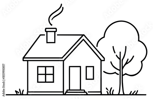 Hand drawn line art illustration of a house with a tree depicting smoke coming from the chimney for home and real estate concepts