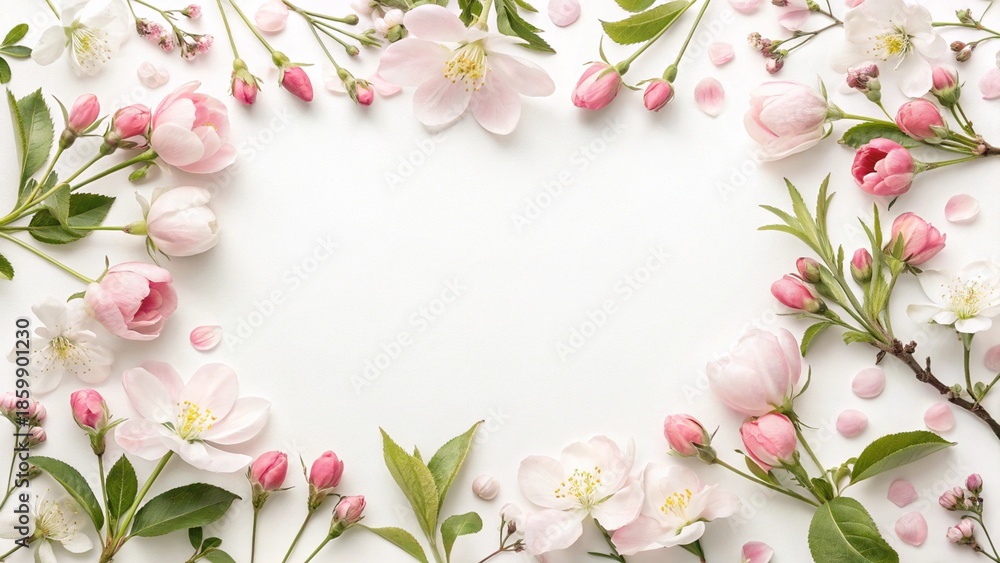 Fototapeta premium Beautiful spring floral frame with delicate pink and white blossoms on a clean white background