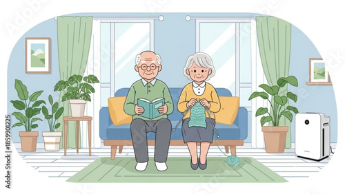 Elderly couple relaxing on sofa in living room with plants and air purifier