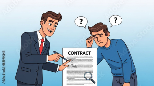 Businessman presenting contract to confused man with questions, signing agreement
