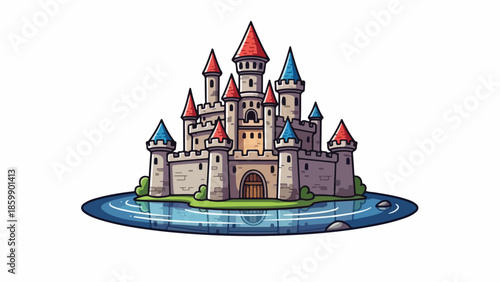 A whimsical cartoon castle with multiple towers and a moat, set against a plain white background with a mix of red, blue, and green colors.