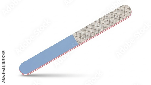 Nail file with blue handle and grid patterned emery board on white background