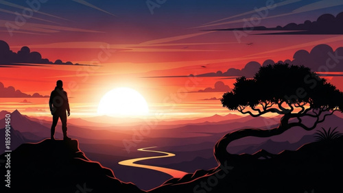 Man standing on cliff edge at sunset with winding path below, serene landscape, vibrant colors, peaceful