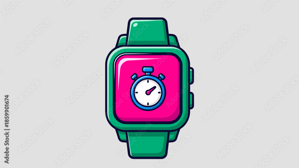 Naklejka premium Green Smartwatch with Stopwatch Icon on Pink Screen for Time Management.