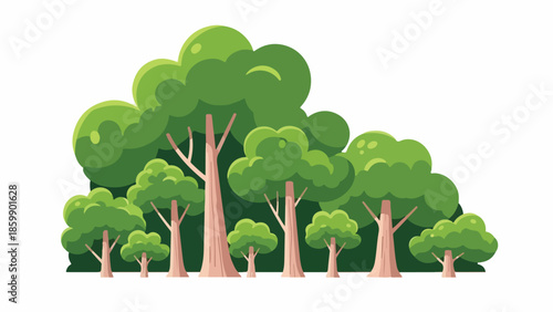 Illustration of a group of cartoon trees with green leaves on a white background in a flat 2D style.