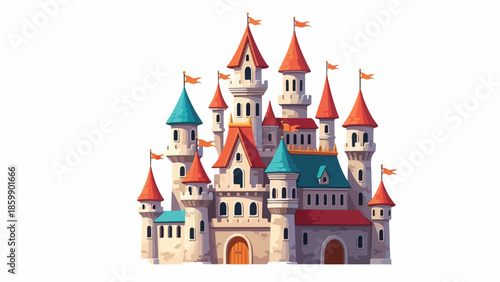 Illustration of a whimsical castle with multiple towers and colorful roofs against a plain white background.