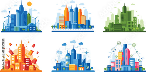 Collection of colorful modern city illustrations showing smart cities, eco urban buildings, business skyline, technology, green environment and development concepts