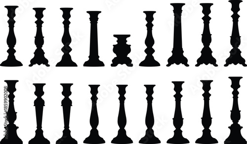 Collection of vintage candle holder silhouettes, elegant candlestick stands and decorative pillar candle bases, black vector set for home decor design