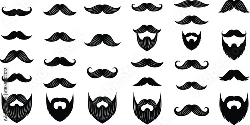 Collection of vintage mustache and beard silhouettes isolated on white background, barbershop facial hair icons for grooming design