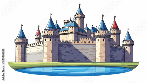 Illustration of a medieval castle with blue and red roofs surrounded by a moat on a white background.