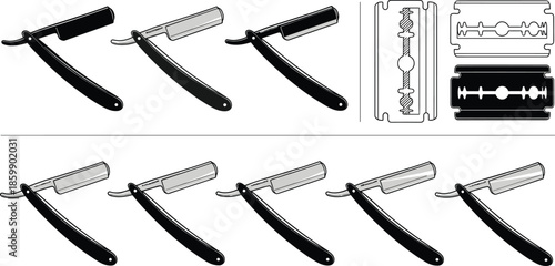 Collection of vintage straight razors and safety blades in various angles and styles isolated on white background for barbershop design