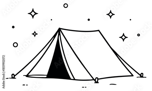 Hand drawn line art illustration of a tent depicting a nighttime camp under stars for outdoor activities