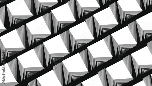 Abstract black and white geometric pattern with 3D cube shapes, diagonal repeating design background, modern optical illusion style texture
