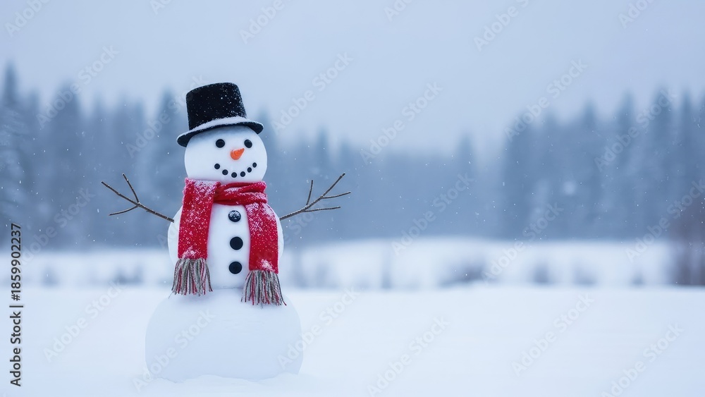 Obraz premium Snowman in Winter Landscape with Scarf and Hat.