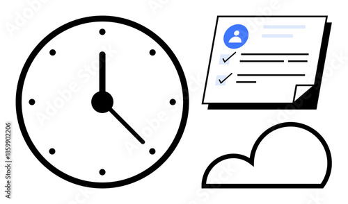 Large clock, checklist with user profile, and cloud represent task tracking, time management, and online data storage. Ideal for planning, organization, technology, efficiency teamwork