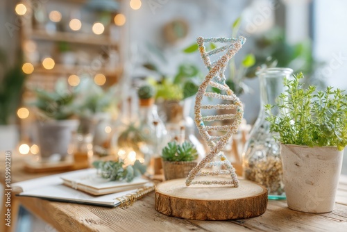 DNA Model Displayed Among Indoor Plants and Decor in Warm, Natural Lighting, Emphasizing Science, Nature, and Creativity in a Contemporary Setting