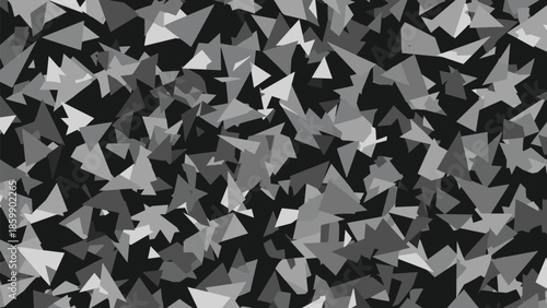 Abstract grayscale triangle geometric background with random scattered polygon shapes creating chaotic modern mosaic pattern vector texture design