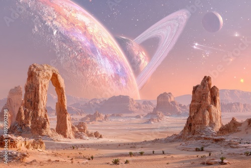 Majestic Cosmic Landscape Featuring Planets, Rings, and Rocky Formations Under a Dreamy Sky in a Surreal Desert Scene