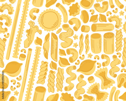 Seamless pattern with different types of pasta on a white background. Italian pasta of different shapes, dry macaroni, spaghetti, ravioli, farfalle, shell and spiral pasta. 