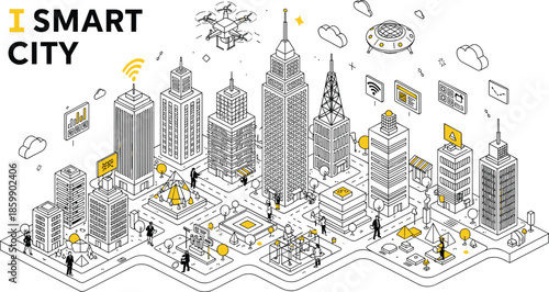 Futuristic smart city isometric illustration with skyscrapers, drones, wireless technology, digital infrastructure and connected urban lifestyle in modern technology city