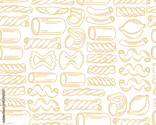 Seamless pattern with different types of pasta on a white background. Outline illustrations of italian pasta of different shapes, dry macaroni. Pattern for menu, Italian cuisine restaurant.