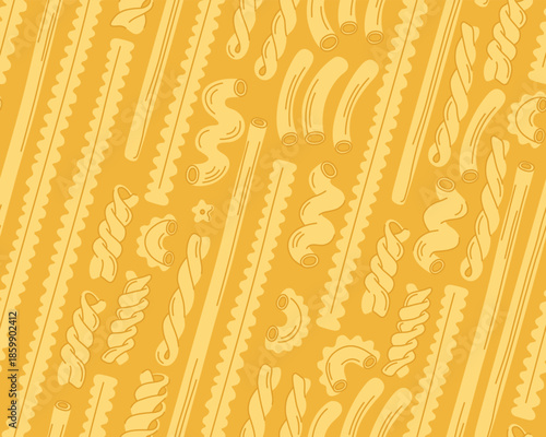 Seamless pattern with illustrations of italian pasta of different shapes, macaroni, spaghetti on a yellow background. Pattern for menu, Italian cuisine restaurant.
