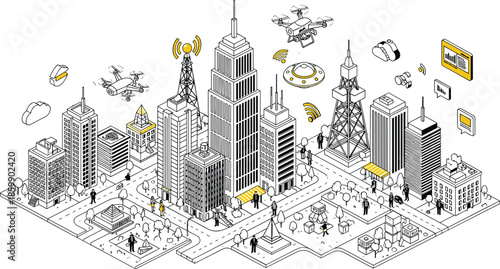 Futuristic smart city skyline with drones, wireless communication towers, 5G technology, connected buildings and people in modern urban environment scene