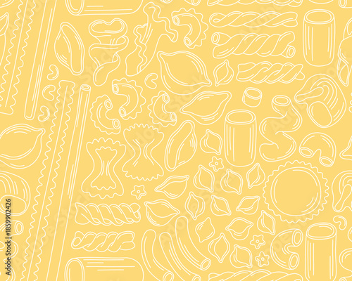 Seamless pattern with different types of pasta on a yellow background. Outline illustrations of italian pasta of different shapes, dry macaroni, spaghetti, ravioli, farfalle, shell and spiral pasta. 