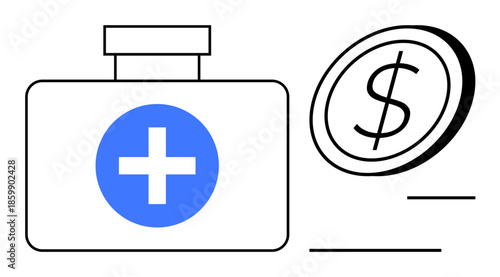 Healthcare funding, financial planning, cost management, insurance policy, investment strategy, budget control. Medical kit with cross and dollar sign. Healthcare funding and financial planning