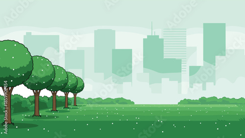 Green city park landscape illustration with trees, grass field and modern urban skyline background, eco friendly nature environment vector design