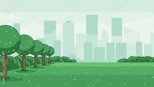 Green city park illustration with trees, grass field and modern urban skyline background, eco friendly nature environment landscape vector design concept