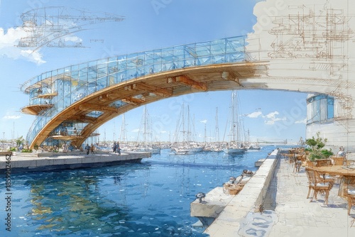 Modern Architectural Design of a Curved Bridge with Glass and Wood Elements Over a Marina, Showcasing Vibrant Watercraft and Scenic Waterfront Views