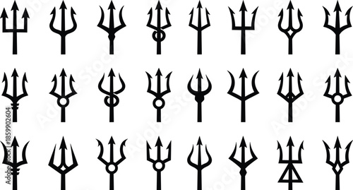 Collection of black trident icons and Neptune Poseidon spear symbols, mythological weapon vector set, bold minimalist silhouette design for branding