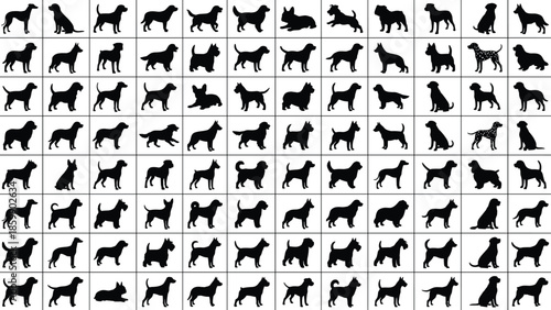 Large collection of black dog silhouettes in various poses and breeds arranged in grid on white background for design projects