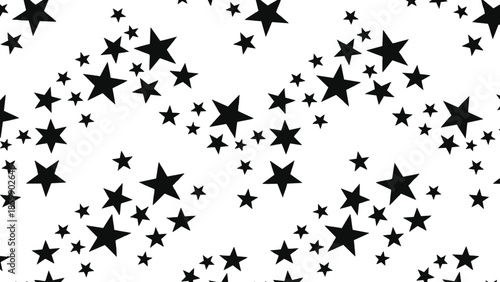 Seamless pattern of black stars on white background, scattered celestial shapes, abstract night sky vector design for decoration and wallpaper