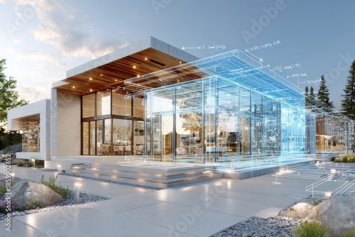 Modern architecture design featuring a stunning glass home with transparent blueprints, showcasing innovative construction and sleek landscaping in a serene outdoor setting.