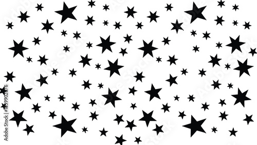 Seamless pattern of scattered black stars on white background, abstract celestial night sky design, modern decorative vector wallpaper