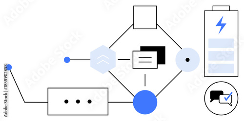 Geometric shapes connected via lines, representing data flow, efficiency. Battery icon for energy, chat bubbles for discussion. Ideal for technology, business processes, energy, systems