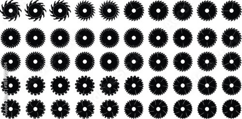 Large collection of circular saw blade silhouettes in different tooth designs arranged in grid on white background for industrial design use