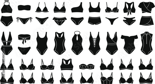 Women bikini and lingerie collection silhouettes set, fashionable swimwear and underwear vector icons, modern female clothing design illustration
