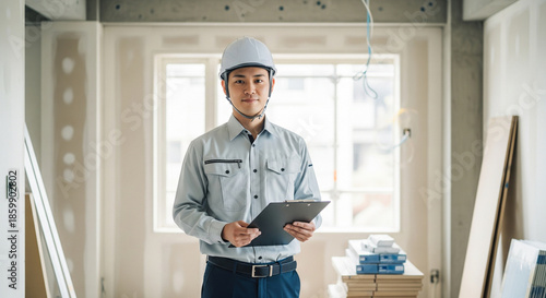 建設現場でクリップボードを持ち微笑む若い日本人男性の施工管理スタッフ、作業着とヘルメット、室内リフォーム工事、内装工事、生成AI
