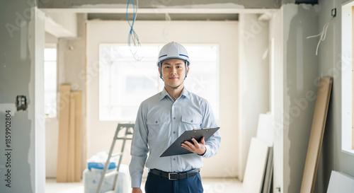 建設現場でクリップボードを持ち微笑む若い日本人男性の施工管理スタッフ、作業着とヘルメット、室内リフォーム工事、内装工事、生成AI