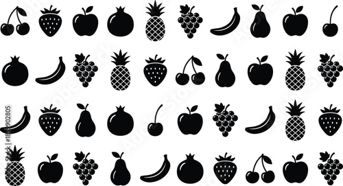 Mixed black fruit silhouette icons collection including cherries strawberries apples grapes bananas pears pomegranates and pineapples vector design set