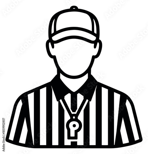 Line art illustration of a referee depicting a striped uniform and whistle for sports events